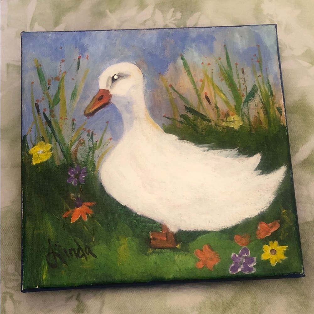White Duck Canvas Art - Whimsical Waterfowl Painting